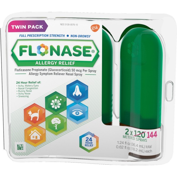 Flonase 24hr Allergy Relief Nasal Spray, Full Prescription Strength, 288 Sprays (Twinpack of 144 Sprays)1